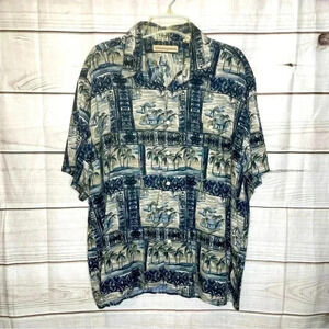 Munsingwear Men’s Tropical Shirt XL Blue White Button Down Short Sleeve Travel